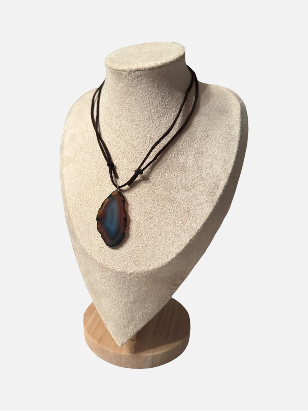 Blue Agate Slice Pendant Necklace on Brown Cord - Artisan Style